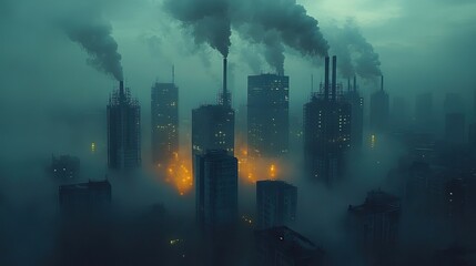 Fototapeta premium A futuristic city is destroyed by pollution, portraying a dystopian world where environmental negligence leads to ruin.