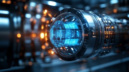 Futuristic quantum computer encased in a sleek metallic shell, emitting holographic light rays and energy pulses, with advanced AI control interfaces