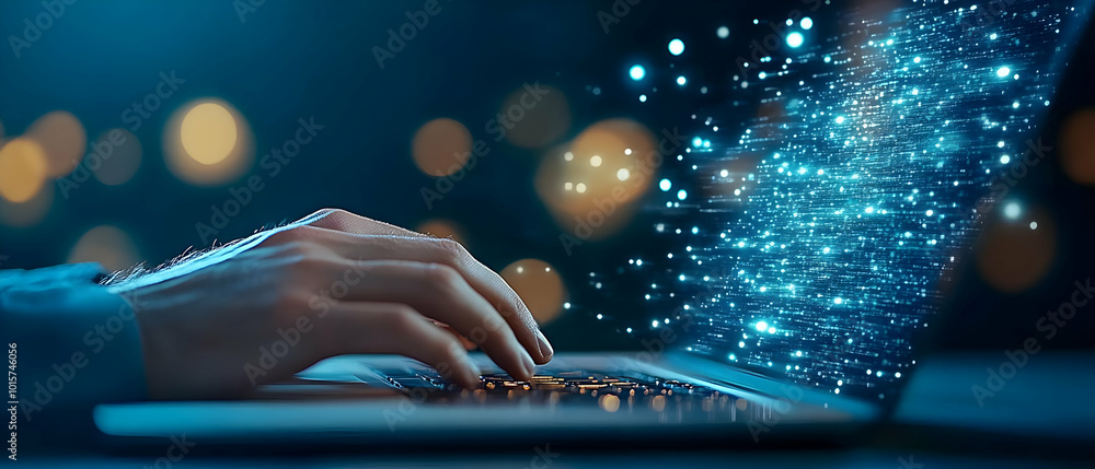 Poster a hand typing on a laptop, creating a mesmerizing trail of light and particles in a dark environment