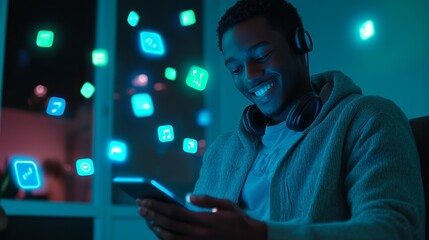 A young man wearing headphones smiles while looking at his smartphone with various app icons floating around him.