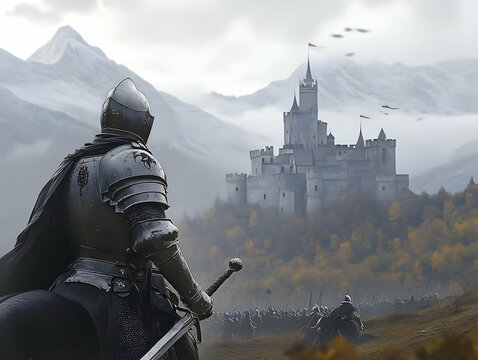 A knight in armor gazes upon a majestic castle surrounded by mountains, embodying a medieval fantasy landscape.