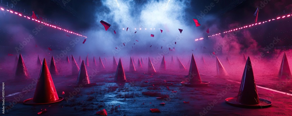 Poster a surreal scene featuring cones in a vibrant, foggy environment with dramatic lighting, creating a m