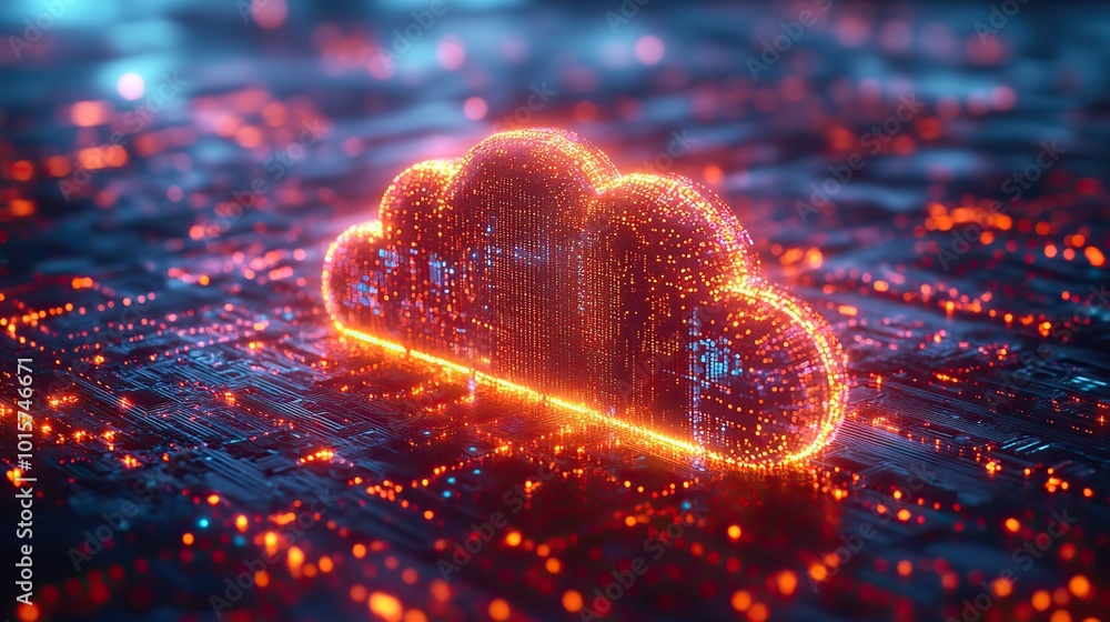 Poster a futuristic representation of cloud computing with neon lights, highlighting advanced technology in