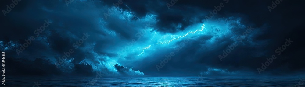 Poster a stunning view of a dark ocean under dramatic blue-lit clouds, creating a serene yet powerful atmos
