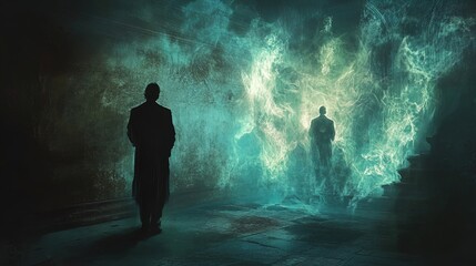 Obraz premium The image features two silhouetted figures standing in a dimly lit space. The background is characterized by a swirling, ghostly green and blue mist that creates an ethereal atmosphere. The figures ap