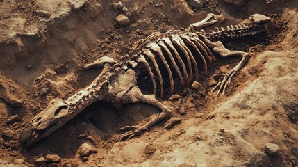 Naklejka premium Fossilized dinosaur skeleton partially buried under soil and rocks, discovered during an archaeological excavation