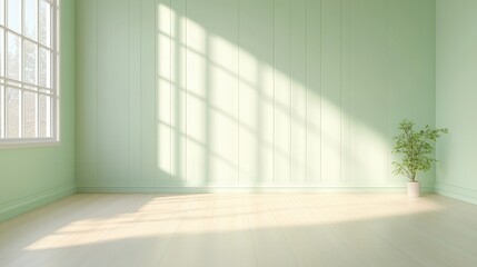 Fototapeta premium A large, empty room with a window and a potted plant