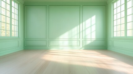 Obraz premium A large, empty room with a green wall and wooden floors