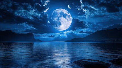 A tranquil night scene is depicted, featuring a large, luminous full moon dominating the sky. Its silvery hue reflects off a calm body of water, creating a shimmering effect across the surface. The su