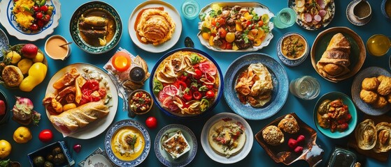 Capture the essence of World Food Day with a stunning real picture showcasing a colorful spread of international dishes, emphasizing the celebration of diverse cultures and the global importance 