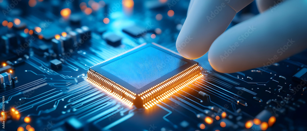 Poster close-up of a hand placing a microchip on a circuit board with glowing lights.
