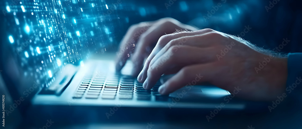 Poster close-up of hands typing on a laptop with a glowing digital interface in the background.