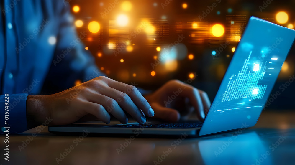 Poster close-up of hands typing on a laptop with digital data visualization, warm bokeh lights in the backg
