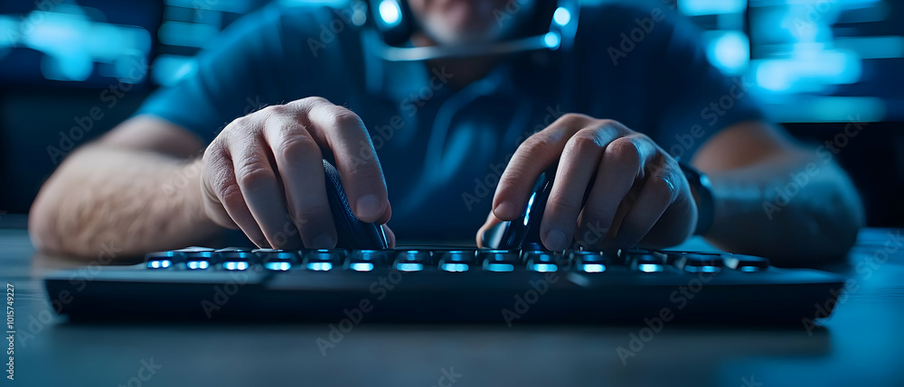 Poster close-up of hands typing on a modern keyboard in a dimly lit environment with blue ambient light, fo