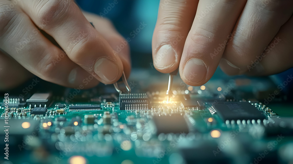Poster close-up of hands working on a circuit board, highlighting intricate electronic components and glowi