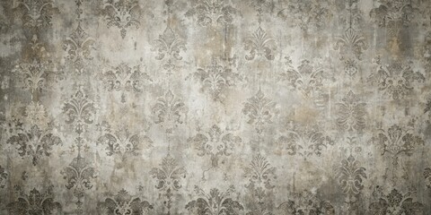 Fototapeta premium A worn and faded vintage wallpaper pattern with intricate floral designs on a textured surface.