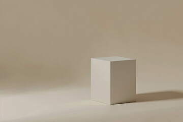 Small blank gray box on beige, with soft lighting and faint shadows around its base.