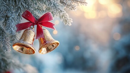 Obraz premium Golden bells with a festive red ribbon, standing out against a soft wintery backdrop of frosted trees, capturing the essence of holiday joy