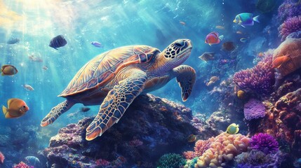 A turtle resting on a rocky outcrop underwater, surrounded by a vibrant array of fish, capturing a moment of peace in the bustling marine ecosystem.