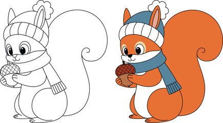 Snowy Squirrel Gathering Nuts Outline Coloring Page. Christmas and Winter Illustration