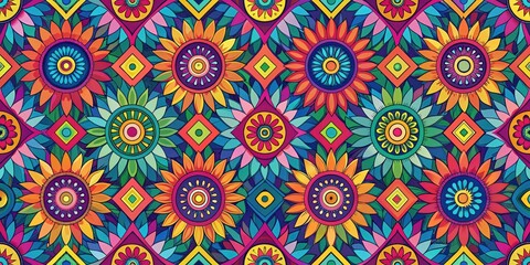 A vibrant and intricate pattern featuring stylized flowers with colorful concentric circles and geometric shapes, seamlessly woven together on a dark blue background.