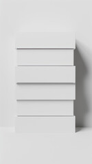 Neat stack of varying-sized white boxes, matte finish, on a plain white backdrop with soft shadows.