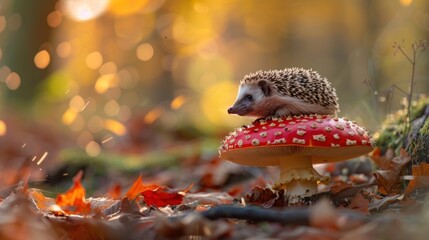 Obraz premium Hedgehog on Mushroom in Autumn Forest