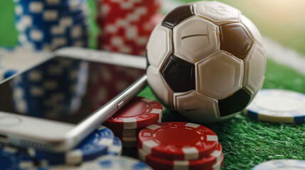 football ball a mobile phone and coins casino chips.