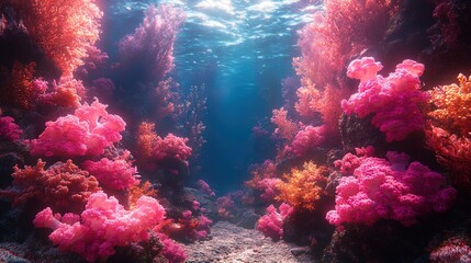 Naklejka premium A vibrant underwater scene featuring dense clusters of colorful coral formations in varying shades of pink, purple, and orange. The water is clear, allowing sunlight to penetrate from above, creating 