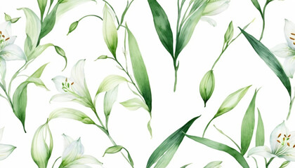 A pattern of green leaves with flowers and branches, creating a natural, eco-friendly design for spring or summer, featuring plants, trees, and foliage in a decorative, illustrated style