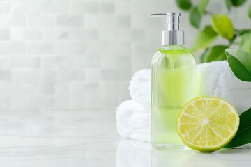 Mockup green cosmetic bottle with silver pump, lime slice placed on a background of white towels, grey tiles on the wall, copy space. Concept: eco product design, skincare, advertising beauty photo