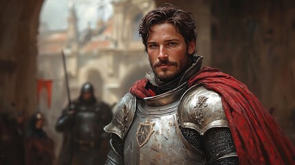 The image depicts a knight in shining armor, standing confidently in the foreground. He has shoulder-length wavy hair and a well-groomed beard, creating a strong, noble appearance. His armor is polish