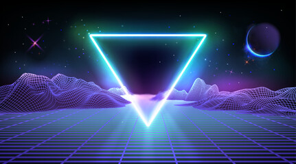 Futuristic cyber background with abstract neon glow blue and purple 3d wireframe mountain map with planets in space and bright light triangle. New retro wave, techno and synthwave cosmic bg.
