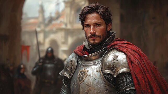 The image depicts a knight in shining armor, standing confidently in the foreground. He has shoulder-length wavy hair and a well-groomed beard, creating a strong, noble appearance. His armor is polish