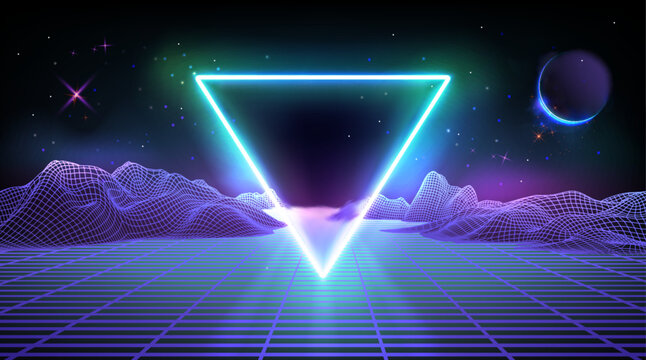 Futuristic cyber background with abstract neon glow blue and purple 3d wireframe mountain map with planets in space and bright light triangle. New retro wave, techno and synthwave cosmic bg.