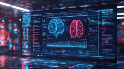 Obraz premium A digital interface showing a healthcare dashboard with AI-driven recommendations, patient records, and treatment plans, representing digital triage. Surrounding elements include icons for digital