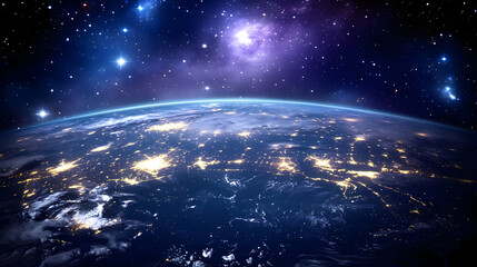 Obraz premium A Stunning Nighttime View of Earth From Space, Showing a Glimmering Network of City Lights Against a Starry Sky