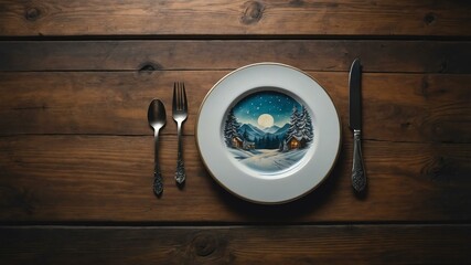 aesthetic winter themed plate design art, top view on rustic wooden table