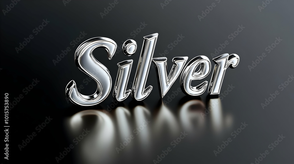 Poster stylish 3d text representation of the word 'silver' reflecting light on a dark surface.