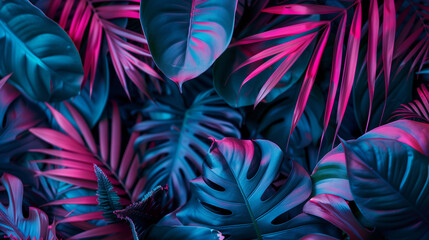 Creative layout with tropical leaves in vibrant fluorescent colors, arranged in a flat lay style with a neon look. Perfect for a nature-inspired concept.

