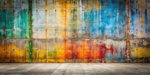 Fototapeta premium A weathered concrete wall adorned with vibrant splashes of color, showcasing a blend of urban decay and artistic expression.