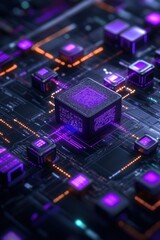 A close-up of a futuristic circuit board with glowing purple elements and processors.
