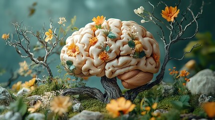 A 3D brain model is combined with tree branches, leaves, and flowers to symbolize the harmony between mental health and nature.
