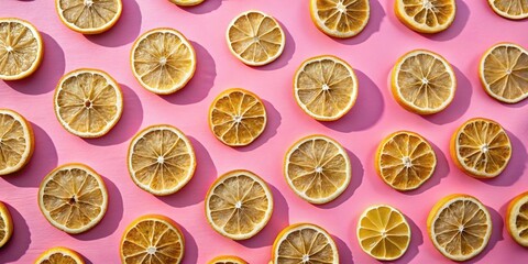 A vibrant display of dried citrus slices arranged in a symmetrical pattern on a pink background, showcasing the beauty of natural textures and colors.