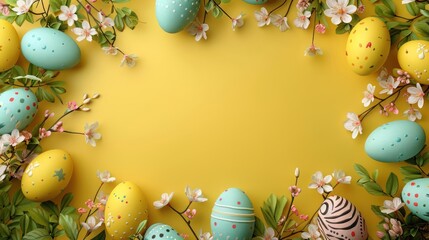 a yellow background with easter eggs and flowers