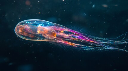 Bioluminescent Comb Jelly Drifting in the Deep Sea