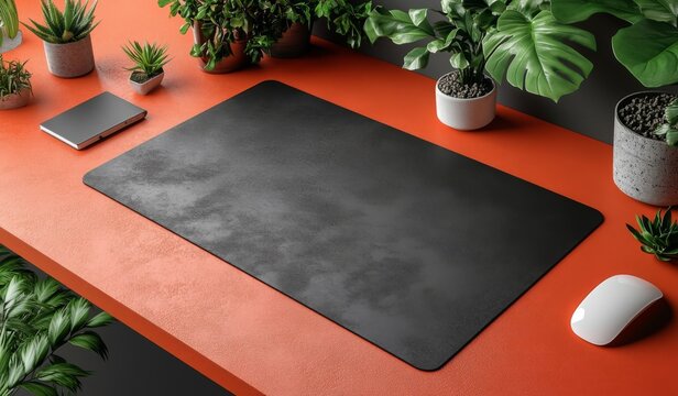 A sleek blank black desk mat mockup displayed on a vibrant orange and white office table, showcasing the edges of the mouse pad at one end. 