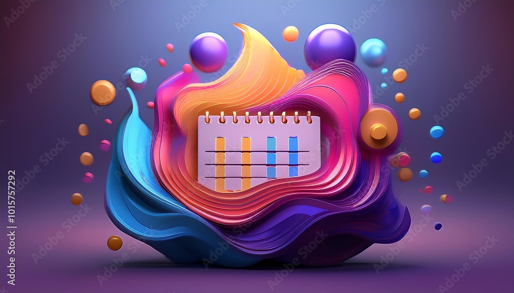 Poster a vibrant, abstract design featuring a notepad surrounded by colorful shapes and spheres, creating a