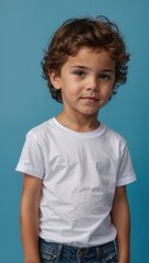 Candid Portrait of Young Child in Casual T-shirt Against Blue Background