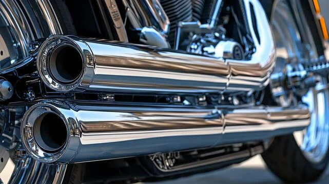 A close-up of the chrome exhaust pipes on a motorcycle